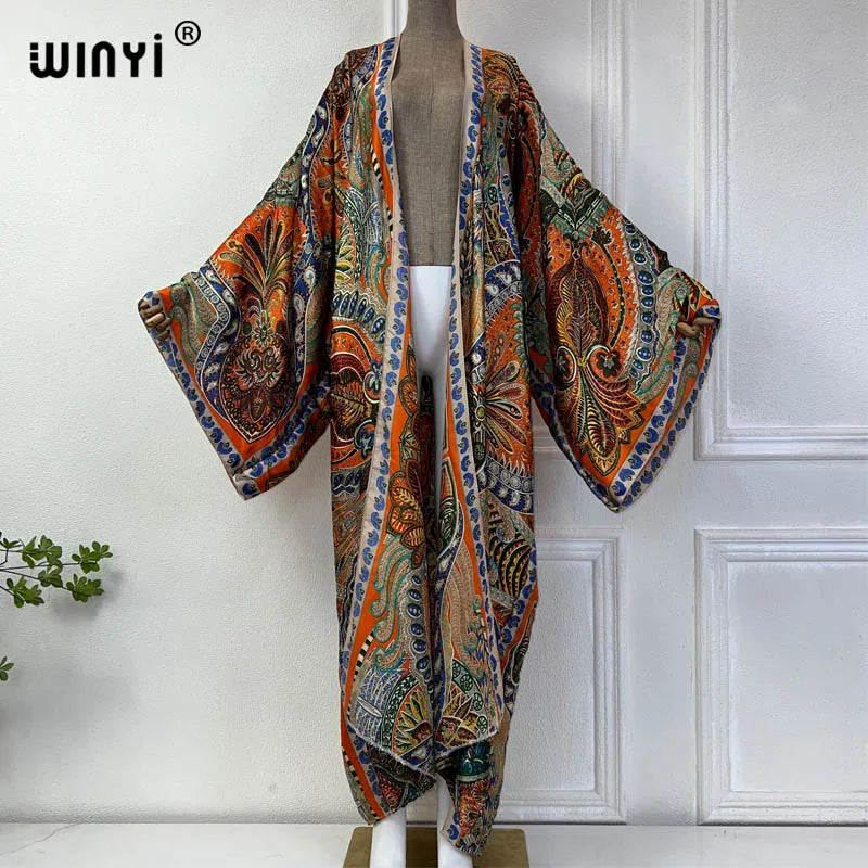 WINYI Classic bohemian beach cover up Swim Suit elegant African women boho Cardigan sexy Holiday long Sleeve Kimono beach dress