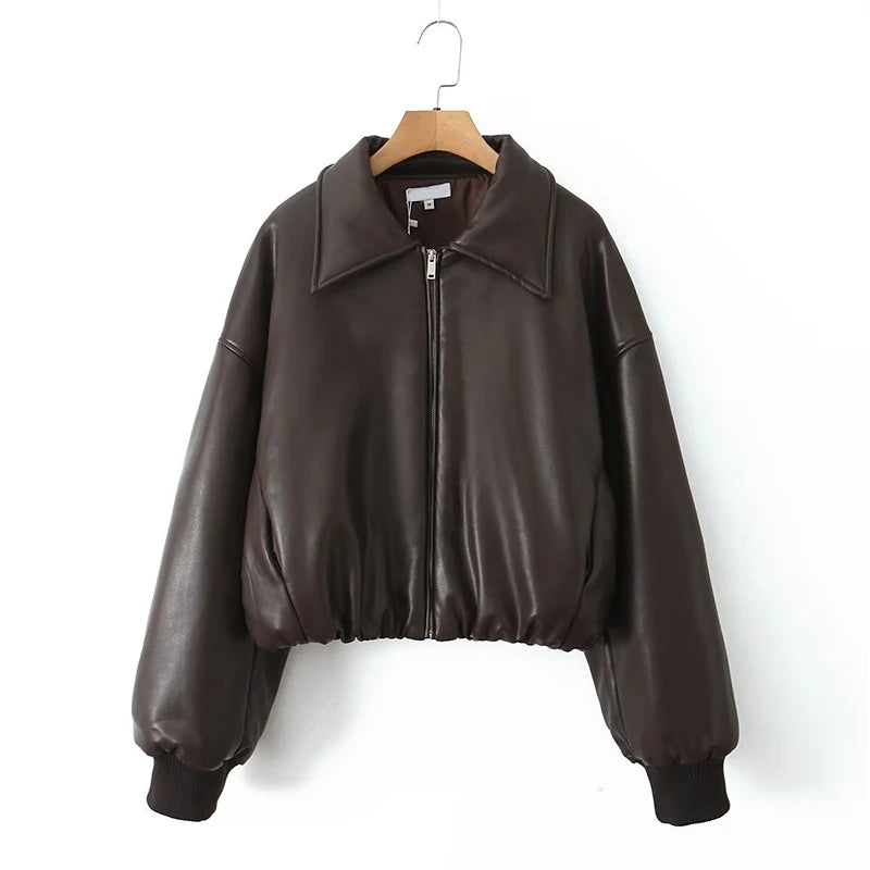 YENKYE Women Black Coffee Faux Leather Jacket Coat Long Sleeve Zipper Motorcycle Outerwear Female Autumn Winter Warm Coat Short