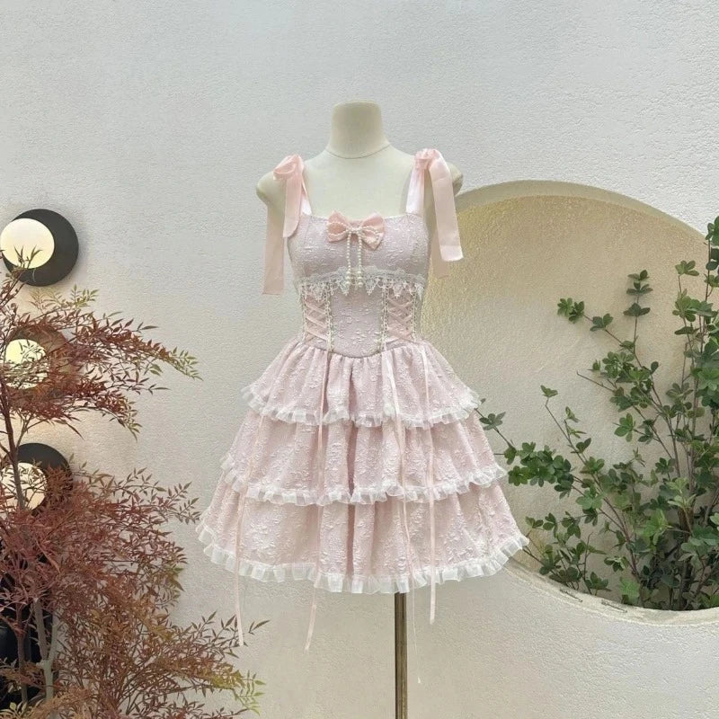 Summer Japanese Style Kawaii Lolita Dress Women Vintage Sweet Lace Bow Ruffles Cake Dresses Harajuku Y2k Slim Bandage Dress