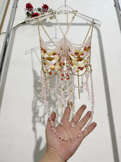 2025 New Women's Necklace Beaded Vest Hollow Out Top Jewelry Exaggerated Pearls Neck Bra Fashion Bra Women's Club Carnival
