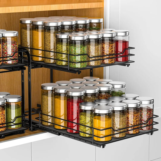 Spice Rack Organizer for Cabinet 2 Tier Pull Out Spice Racks for Inside CabinetHeight Adjustable Heavy Duty Vertical Spice Shelf