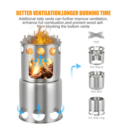 Camping Stove Portable Stainless Steel Lightweight Wood-Burning Stove Outdoor Cooking Picnic Camping Burner Wood-Burning Stove