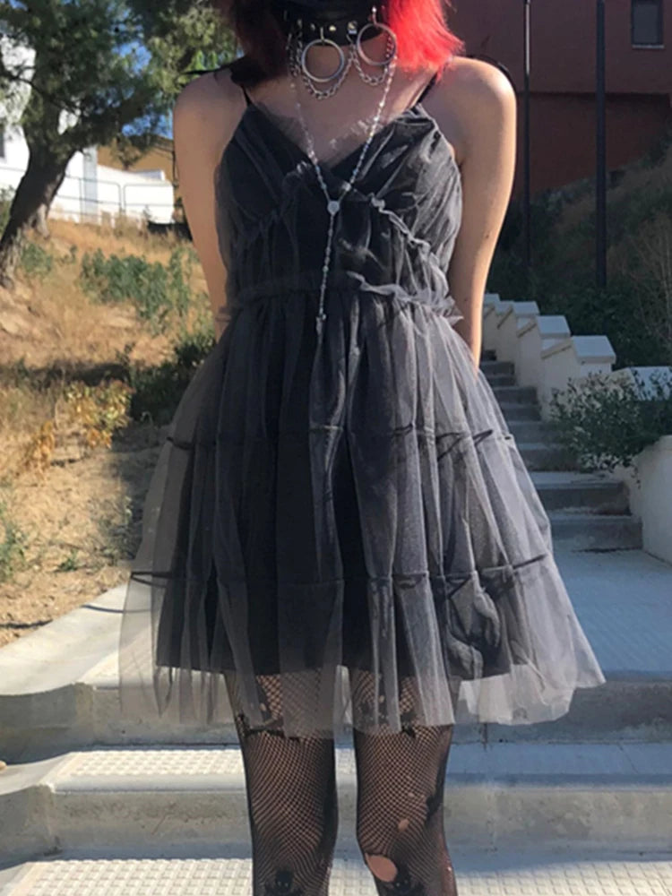 AltGoth Dark Gothic Mesh Dress Women Fairy Grunge Vintage Punk Strapless High Waist Dresses Harajuku Mall Goth Emo Alt Partywear