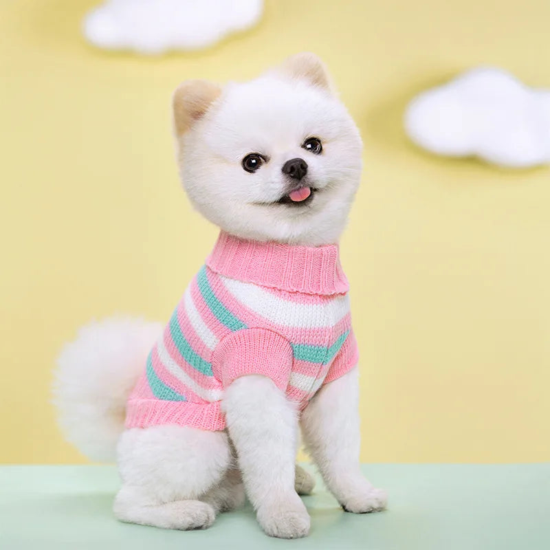 Pet Knit Sweater Autumn Winter Warm Elastic Turtleneck Two Leg Dog Cat Clothing Multi Color Striped Pattern Pet Apparel