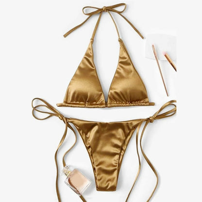 Brazilian Bikini Set Women Halter Neck Triangle Cup Swimwear Low Waist Satin Bandage Bikini Swimwear Summer Beach Bathing Suit