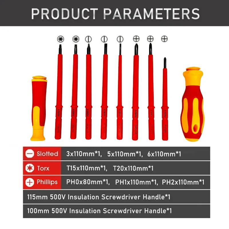 10-in-1 500V Insulated Screwdriver Set with Case Interchangeable Blades Magnetic High Hardness Home Electrician Repair Tools