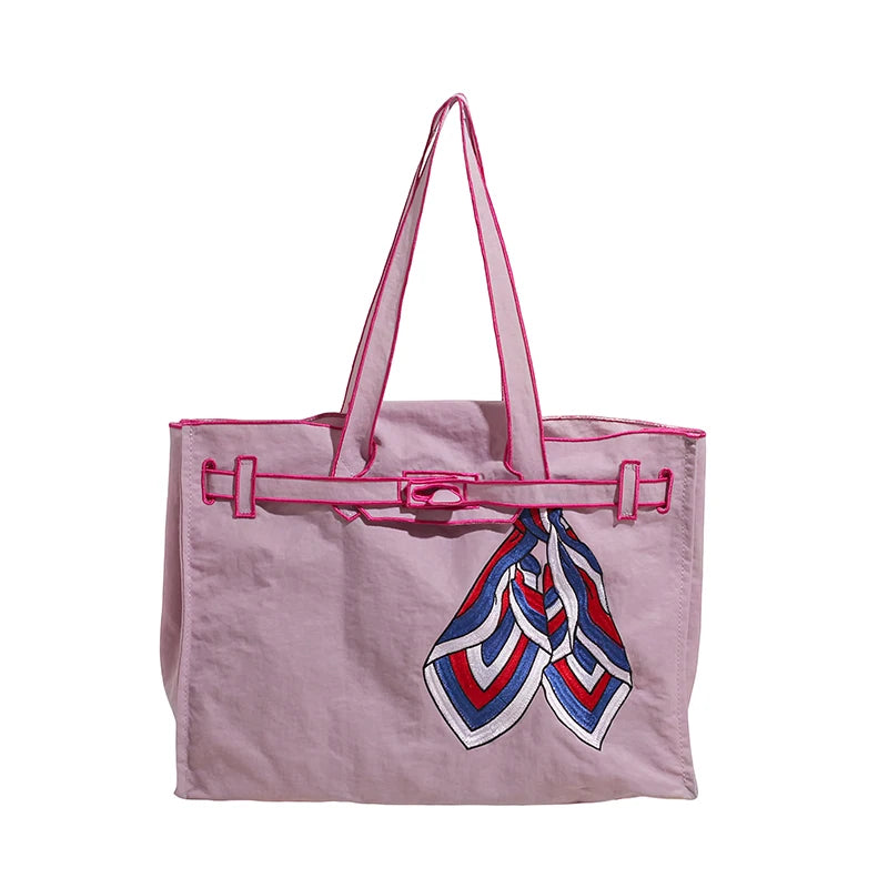 Japanese Nylon Silk Scarf Embroider Tote Bag Large Capacity Fashion Shoulder Bag for School Work Shopping Retro Handbag 2025 NEW