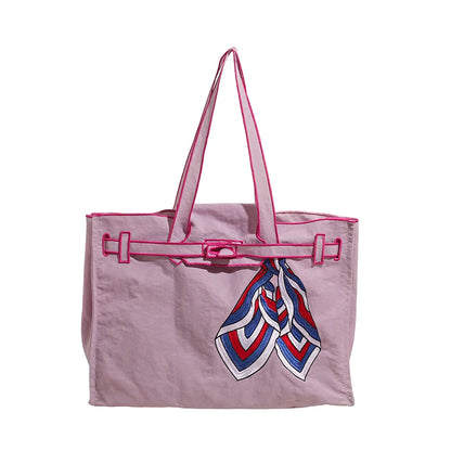 Japanese Nylon Silk Scarf Embroider Tote Bag Large Capacity Fashion Shoulder Bag for School Work Shopping Retro Handbag 2025 NEW