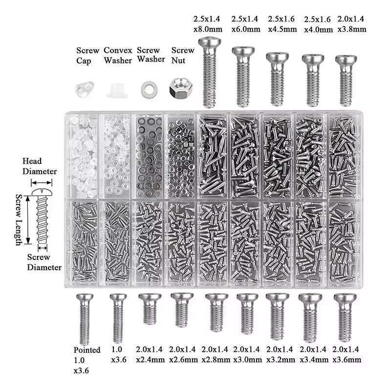 Screw Kit For Glasses, Nose Holder, Frame Nut, Spacer For Glasses Without Frame, Accessories, Box Of 18 Screws Specification