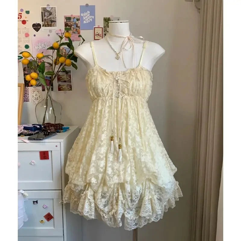 Summer Japanese Style Kawaii Lolita Dress Women Vintage Sweet Lace Bow Ruffles Cake Dresses Harajuku Y2k Slim Bandage Dress