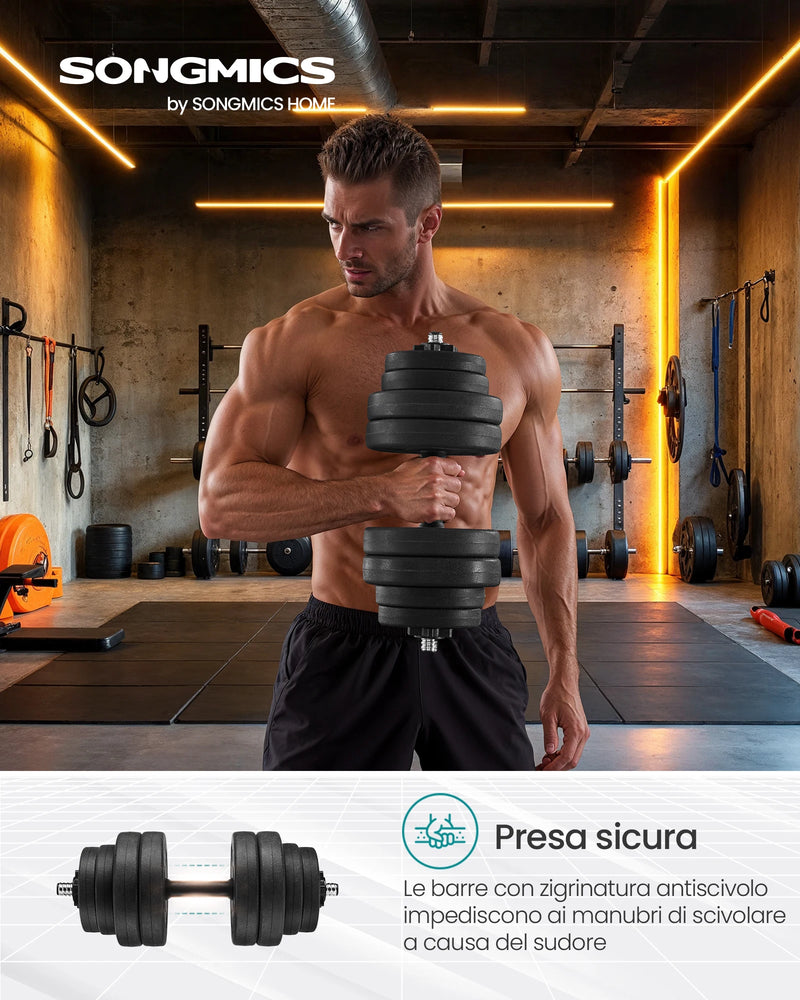 SONGMICS 2-in-1 Dumbbells Set, 2 x 15 kg Adjustable Dumbbells with Extra Barbell Bar, Plastic-Coated Weight Plates
