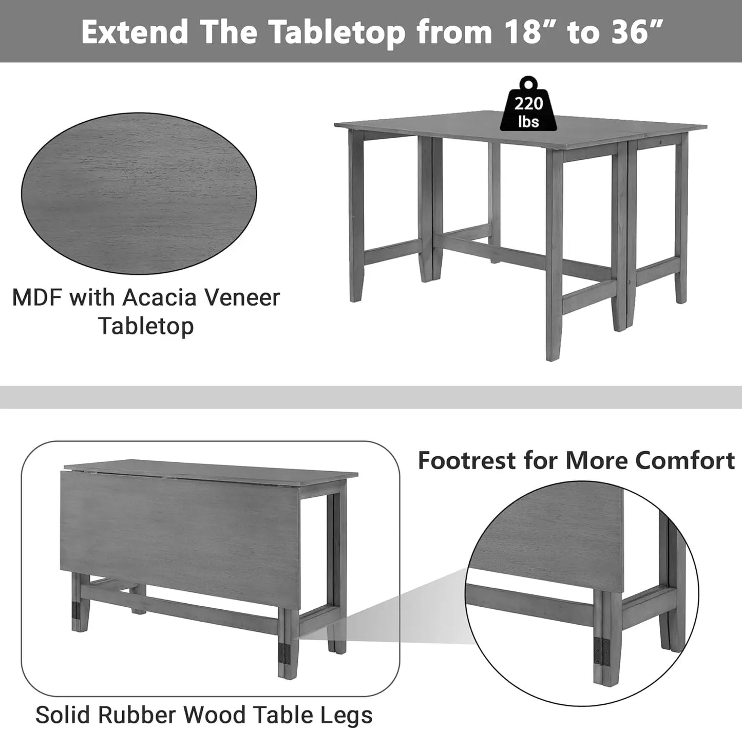 Farmhouse Drop Leaf Folding Dining Table, Space Saving Flip Top Dining Kitchen Table for 4, Solid Wood Extendable Dining Room