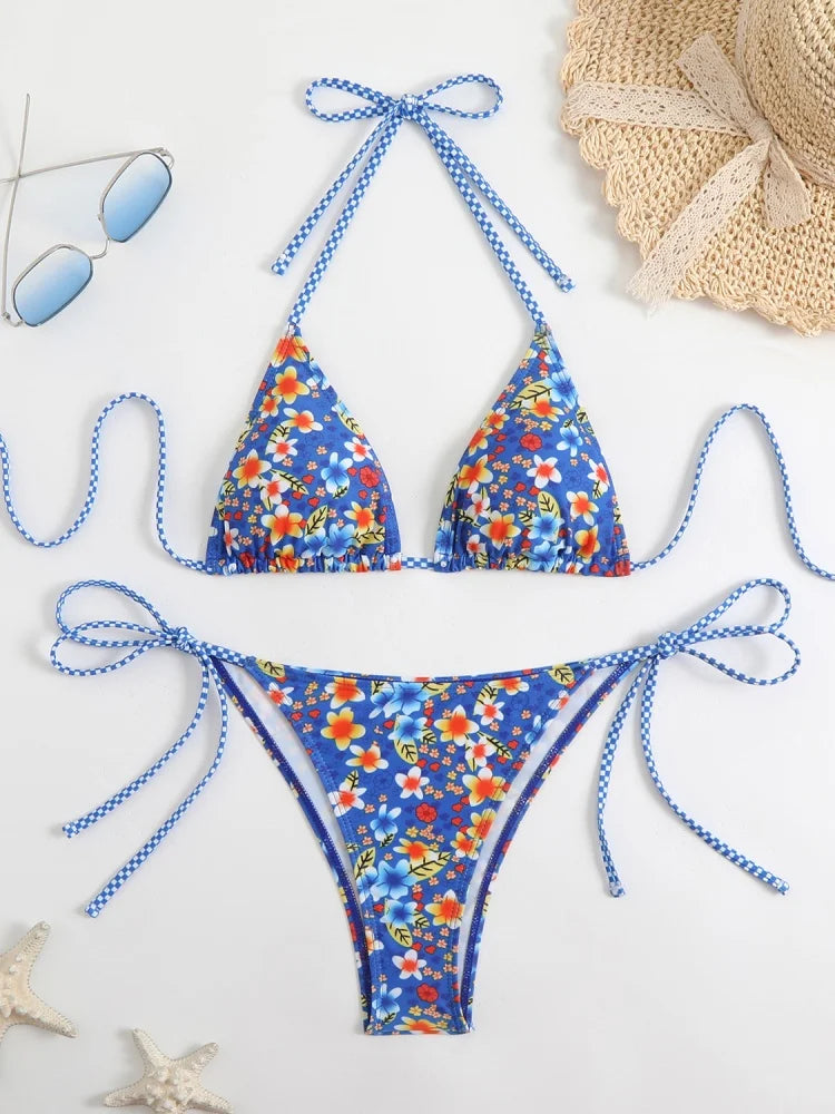 Bikini Women Swimsuit 2026 New Print Halter Bikinis Set Sexy Thong Swimwear Summer Two Piece Backless Beach Bathing Suit Female