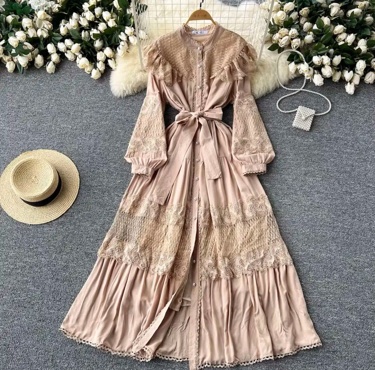 LGRQ For Women's Lace-up Single Breasted Lace Dress Fashion Hollow Out Bead Button Round Neck Dresses 2025 Autumn New Clothing