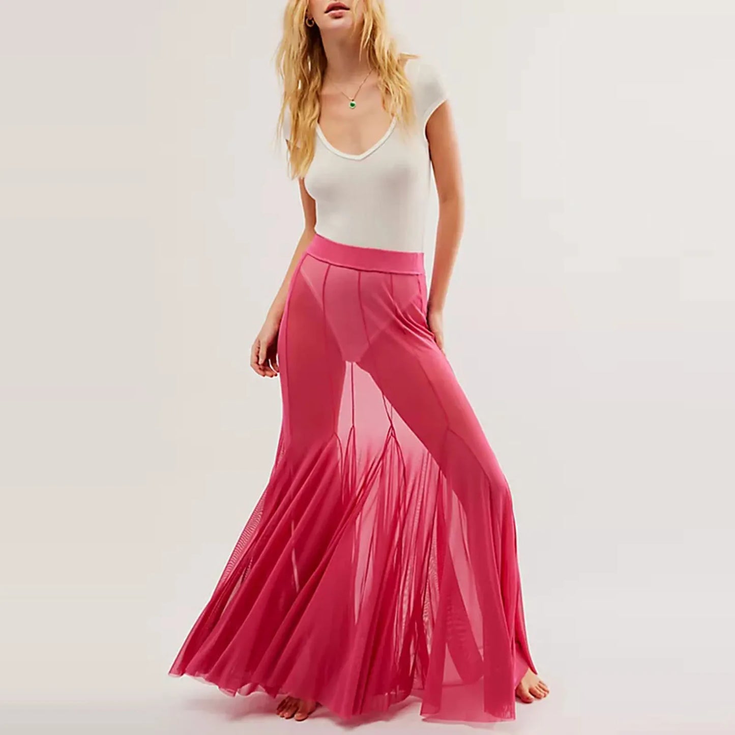Sexy See Through Sheer Mesh Long Skirts Elastic High Waist Ruffle Hem Flowy Skirts Party A-line Midi Skirts Women Casual Clothes