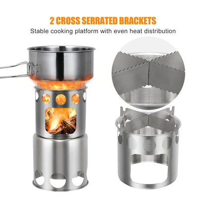 Camping Stove Portable Stainless Steel Lightweight Wood-Burning Stove Outdoor Cooking Picnic Camping Burner Wood-Burning Stove