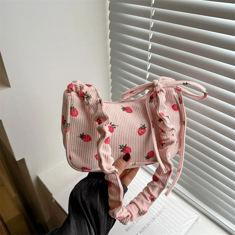 Small Underarm Bag For Women Corduroy Handbag Cute Strawberry Print Little Tote Half Moon Design Eco Cloth Mini Shoulder Bag