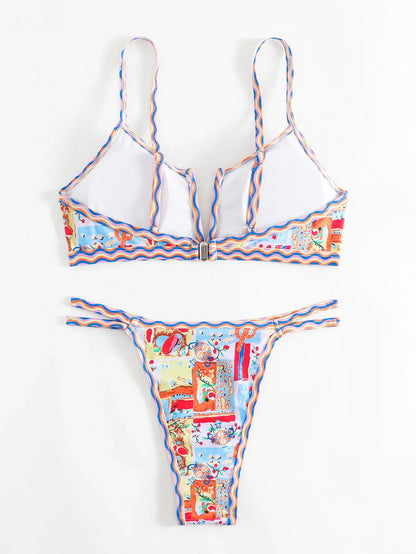 Sexy Micro Bikini Women Two Piece Set Ethnic Style Print V Neck Push Up Swimsuit 2025 New Beach Bathing Suit Thong Swimwear