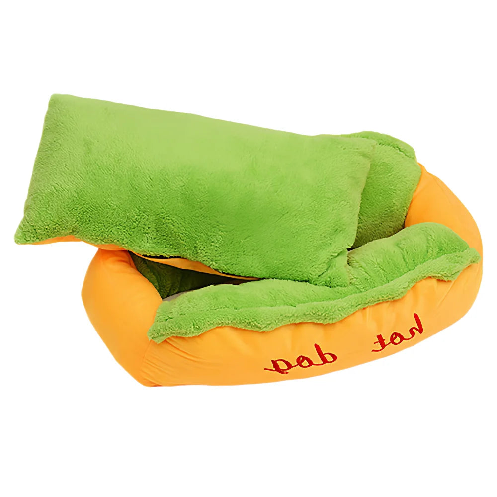Winter Hot Dog Pet Bed - 3D Hot Dog Bun Style Cat and Dog House, with Removable Pillow and Orthopedic Memory Foam