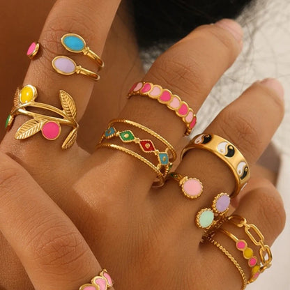 Boho Enamel Geometric Leaf Sunflower Open Rings Gold Plated Stainless Steel Rings For Women Aesthetic Couple Party Jewelry Gifts