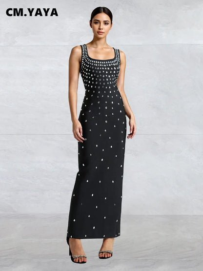 CM.YAYA Diamonds Hot Rhinestones Square Collar Women Sleeveless Bodycon Long Dress Birthday Party Evening Prom Maxi Dresses