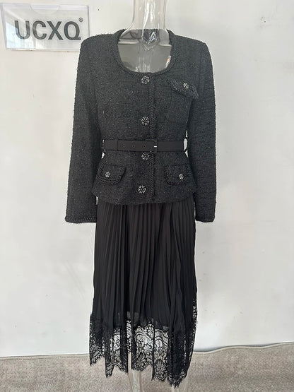 UCXQ Vintage Beading Buttons O-neck Black Dress With Belt Summer 2023 Women Evening Dresses Ladies Wedding Party Clothes Tide