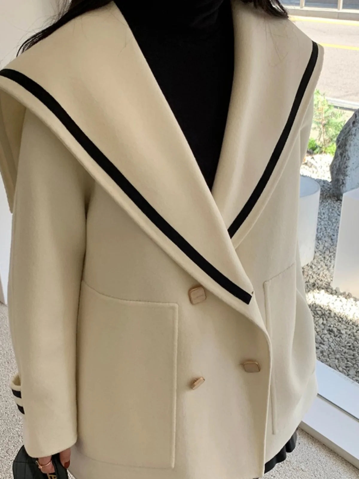 Japanese Sle Small Size Woolen Coat Women Winter Faion Anti-Aging Navy Collar Fake Camere Loose Knitwear Top