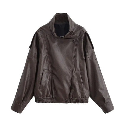 HH Street Fashion Asymmetric Leather Jacket For Women Long Sleeves Zipper With Pockets Turtleneck Autumn Retro Loose Coats