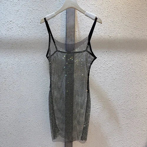 2024Spring and Summer Sparkling Bright Diamond Glitter Halter Dress Hollow Out See-through Celebrity Sexy Backless Halter Dress