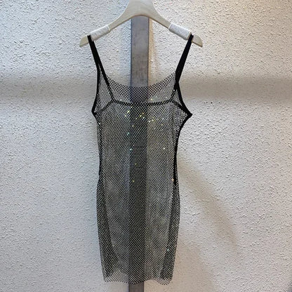 2024Spring and Summer Sparkling Bright Diamond Glitter Halter Dress Hollow Out See-through Celebrity Sexy Backless Halter Dress