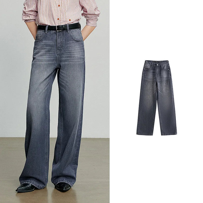TOYOUTH Women Denim Jeans 2025 Autumn New Cotton High Street Wide Leg Pants Gray