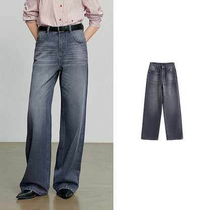 TOYOUTH Women Denim Jeans 2025 Autumn New Cotton High Street Wide Leg Pants Gray