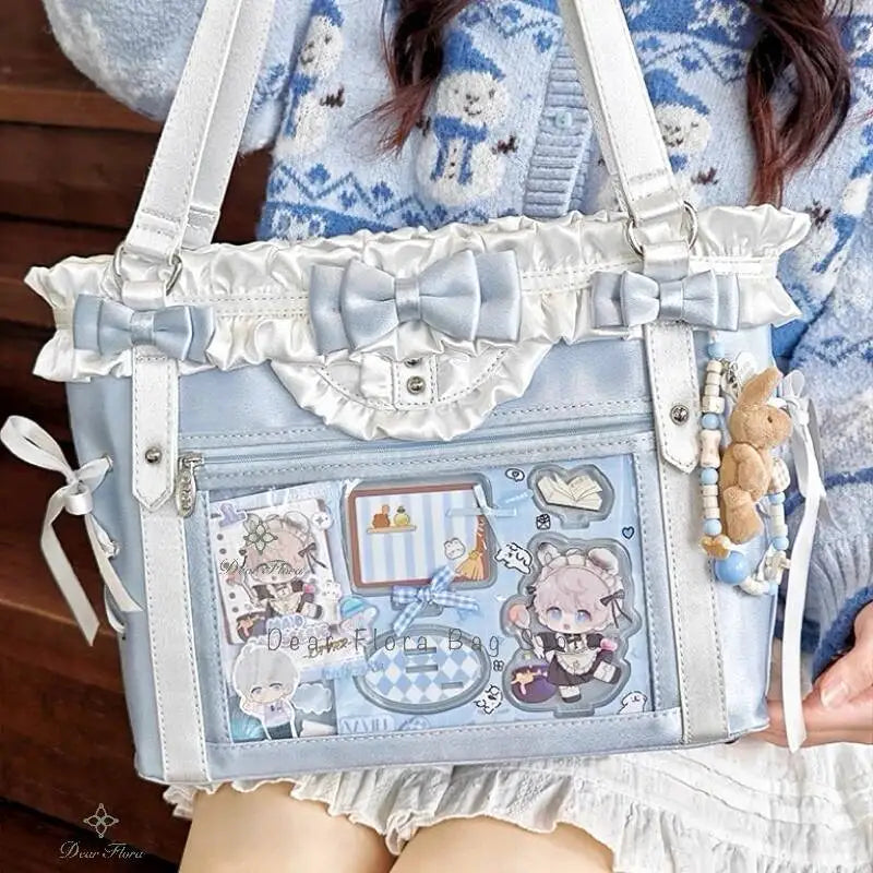 Japanese Sweet Women Ribbon Ita Bag Cute Lolita Girl Transparent Handbags Fashion Large Capacity Tote Bag Aesthetic Shoulder Bag