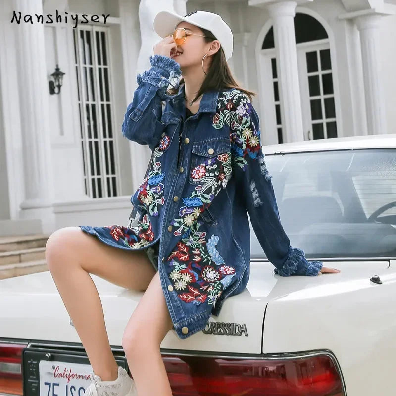 Spring Autumn Loose Vintage Flower Embroidered Denim Jacket Women Single-breasted Casual Raw Fringe Hole Jeans Jackets Female