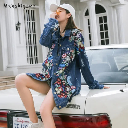 Spring Autumn Loose Vintage Flower Embroidered Denim Jacket Women Single-breasted Casual Raw Fringe Hole Jeans Jackets Female