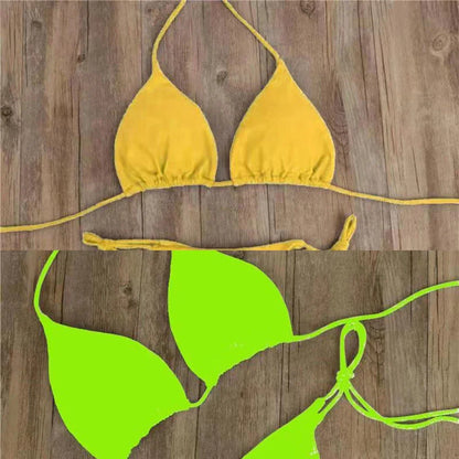 Sexy Women Thong Solid Color Bikini Set Side Halter Tie Swimsuit Ladies Split Strap Adjustable Brazilian Swimwear Soft Beachwear
