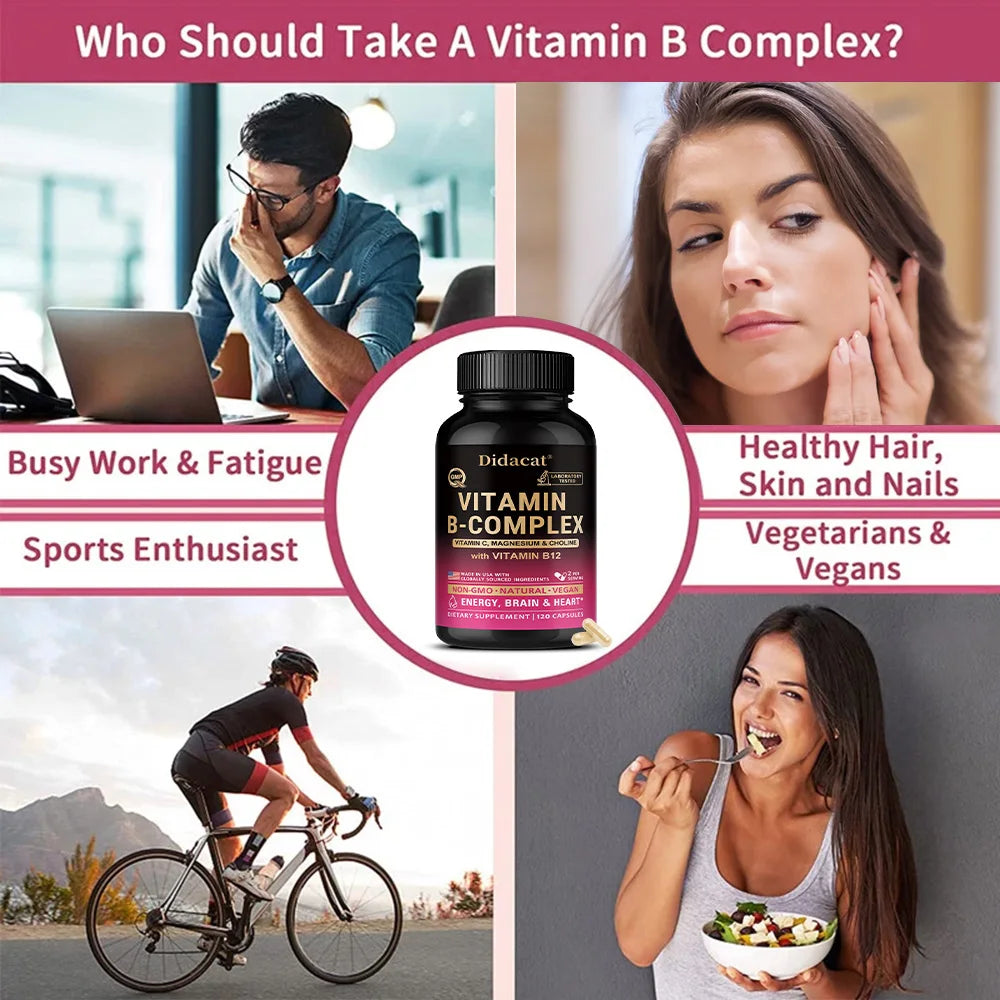 Vitamin B Complex for Men & Women - Riboflavin B2,B12,B1,B3,B5,B6,B7,B8,B9,Vitamin C, Choline, Inositol - Brain & Heart Support