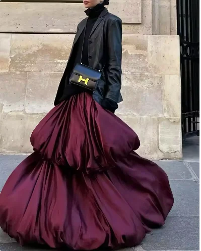 Burgundy Satin Lady Long Skirts Tiered Puffy Floor Length Lady A Line Skirt High Waist Women Formal Wear Girls  Skirt