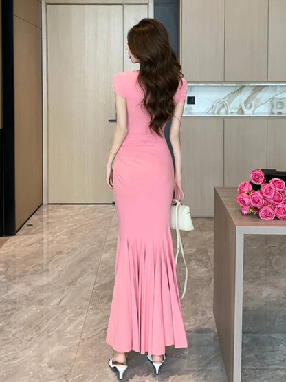 Summer Fashion Elegant Vacation Beach Mermaid Long Dress Women Clothes Sweet Short Sleeve Skinny Party Prom Vestidos Robe Femme