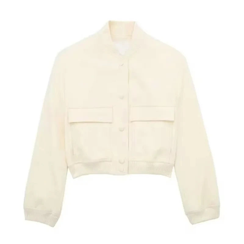 HH Women Casual Solid Bomber Jackets Fashion Long Sleeve Buttons Crop Coats Pockets Female 2025 Autumn Elegant Outerwear