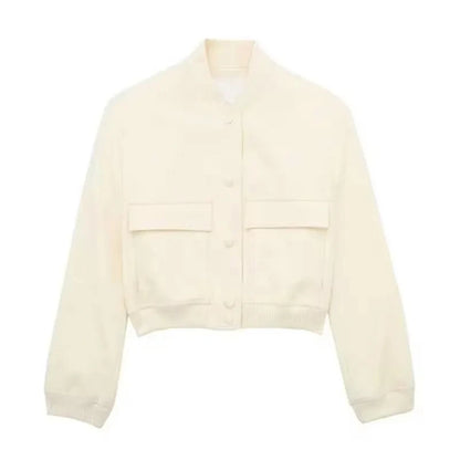 HH Women Casual Solid Bomber Jackets Fashion Long Sleeve Buttons Crop Coats Pockets Female 2025 Autumn Elegant Outerwear