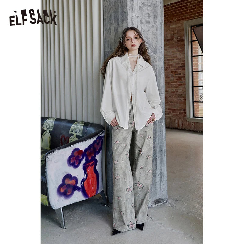 ELFSACK 2025 Spring New Arrivals Retro Flower Printed Wide Leg Cotton Jeans Women Loose Straight Pants