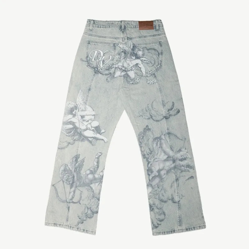 New retro cupid angel pattern women loose pants y2k hip hop streetwear fashion unisex straight jeans for men and women