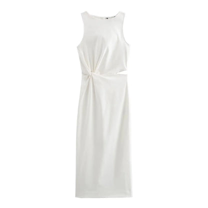 HH Women Summer Crop Waist Opening Folds Design Midi Dress Female Fashion O-Neck Back Zipper Sleeveless 3 Color Slim Dresses