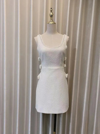 Autumn Winter Sexy Hollow Out Bow Beading Diamonds Chain Short Tweed Dress For Women Sleeveless Quality Prom Evening Dresses