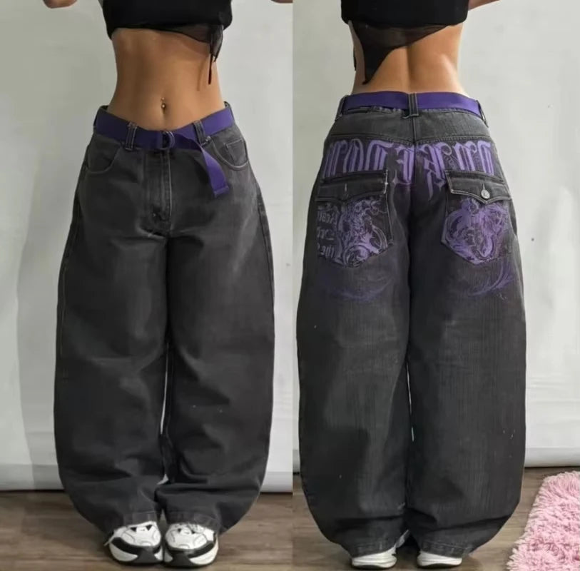 Streetwear New Fashion Red Crown Embroidered Baggy Jeans Women Y2K Gothic Harajuku Hip Hop Popular Casual Joker Couple Jeans
