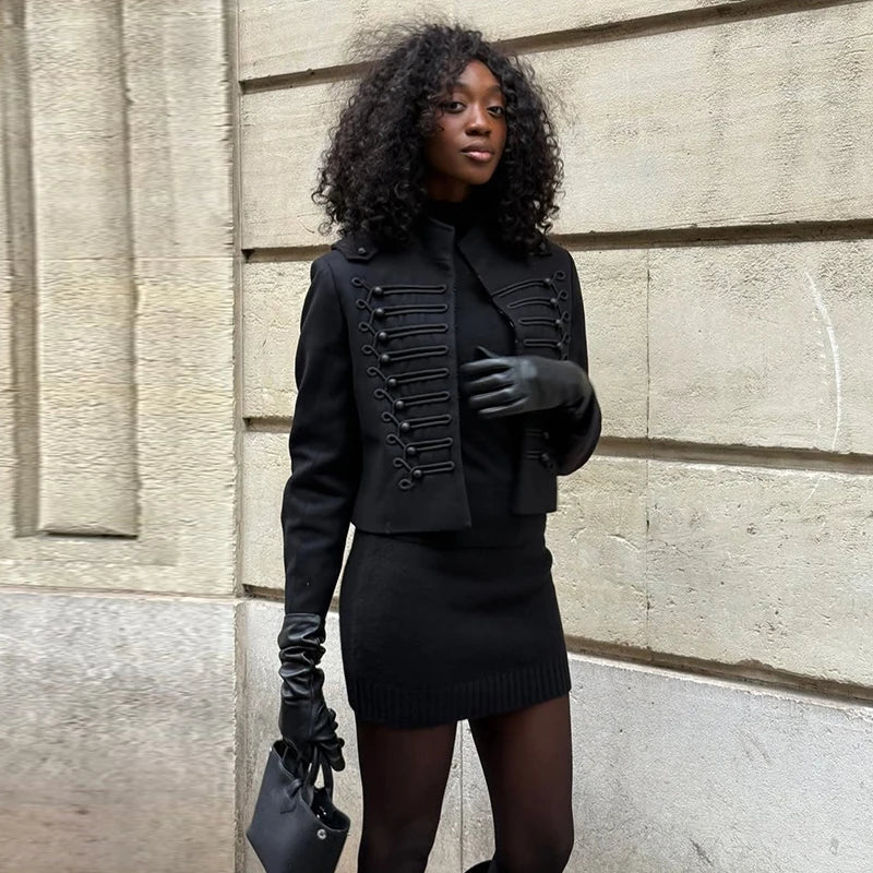 2026 Spring New Women's Jackets Fashion Napoleon Style Single-breasted Long Sleeve Coat Female Black Slim Fit Crop Lady Coats