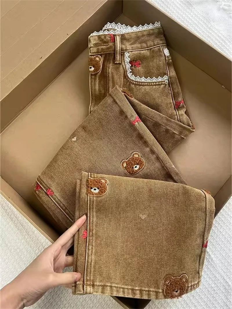 High Waist Patchwork Lace Straight Jeans Spring Embroidery Dog Denim Trousers Women Slim Pipe Pants Cowboy runway Ladies