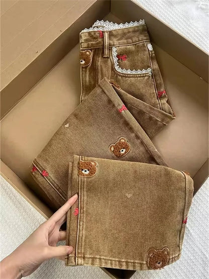 High Waist Patchwork Lace Straight Jeans Spring Embroidery Dog Denim Trousers Women Slim Pipe Pants Cowboy runway Ladies