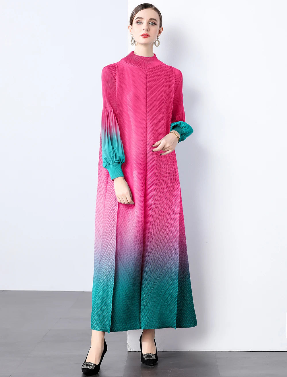 Miyake Wrinkles Pleated Printed Chiffon Maxi Dresses Middle Eastern Clothing Women Loose Women High Neck Long Sleeves Stitching
